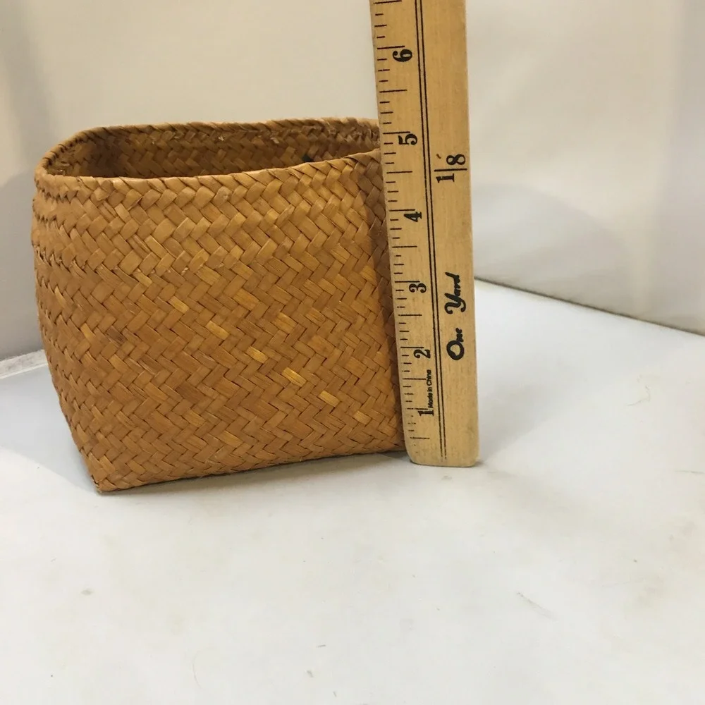 Woven Straw Basket Small Tan Handcrafted Square Base Storage Beach Coastal